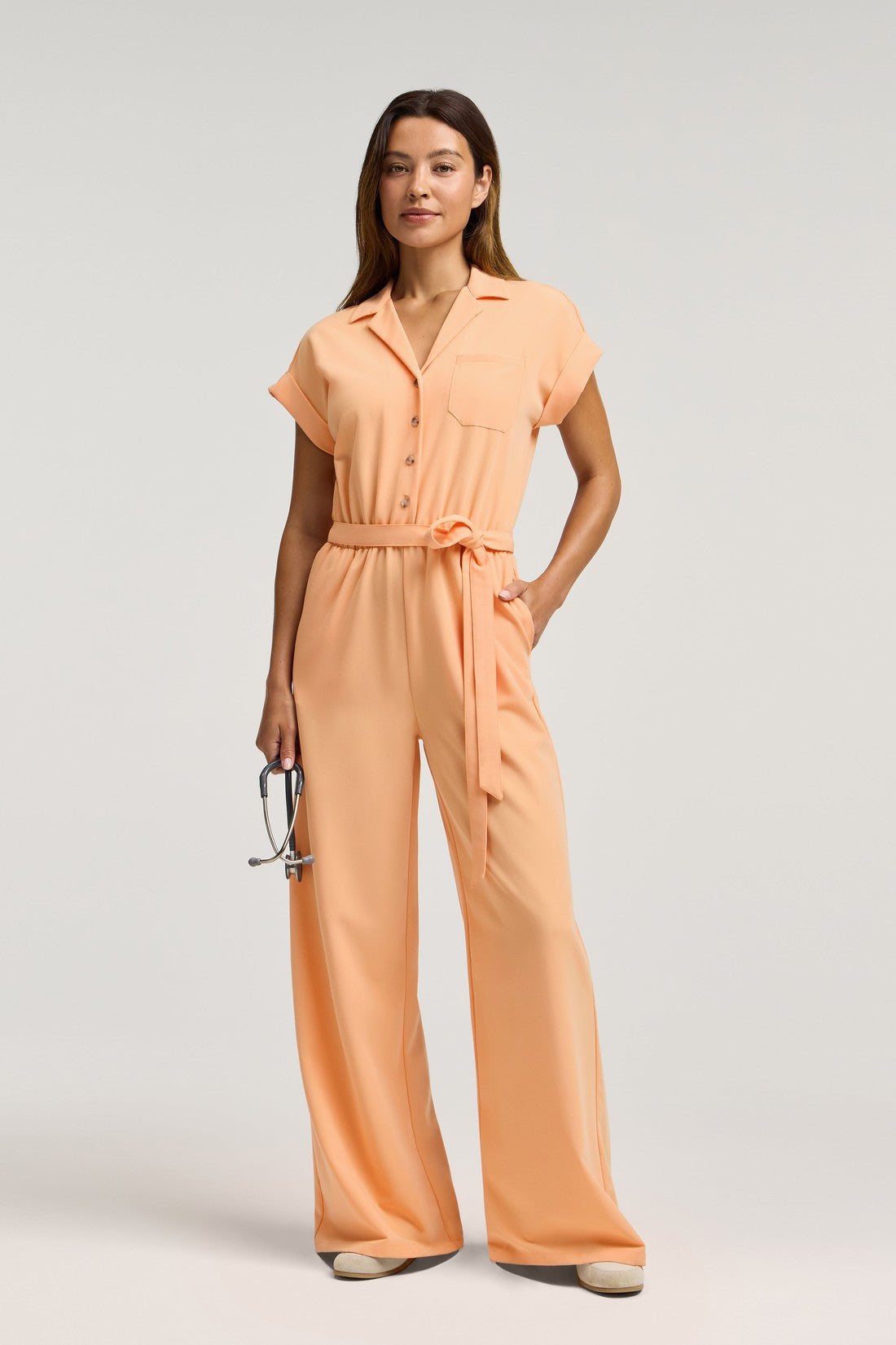 The Wide-Leg Scrub Jumpsuit - Apricot