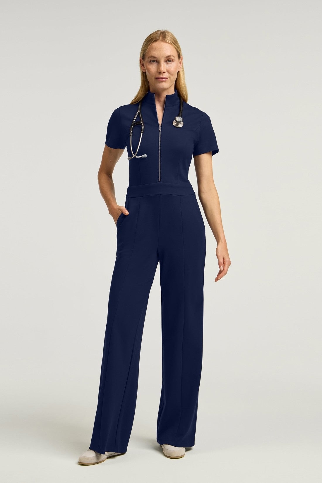 The UltraSOFT® Scrub Jumpsuit - Midnight Navy + Silver Zip